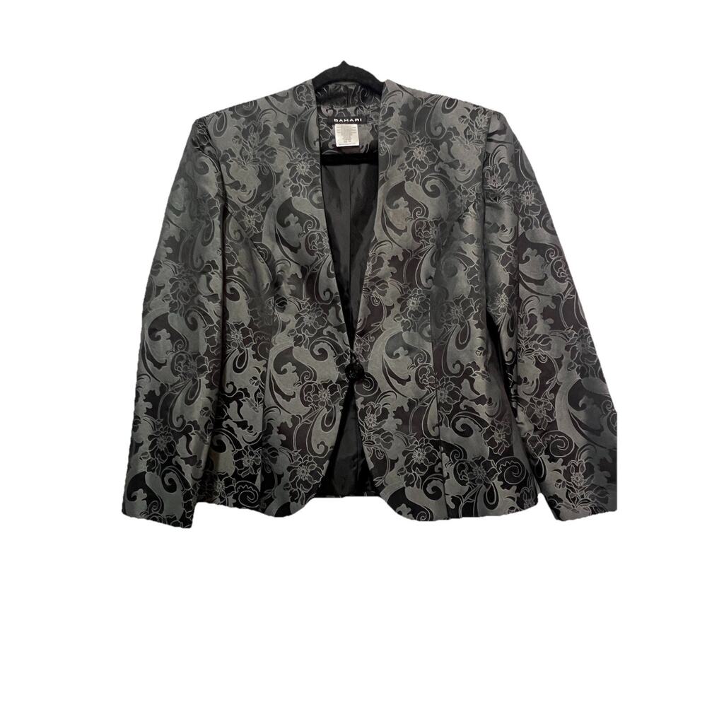 BAHARI Women Blazer Jacket‎ Size 12P Grey Floral Print Long Sleeves Career NWT